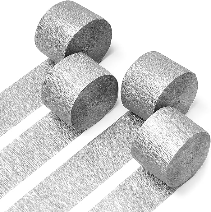 PartyWoo Silver Crepe Paper Streamers 4pcs 328ft Pack of Silver Crepe Paper by PartyWoo