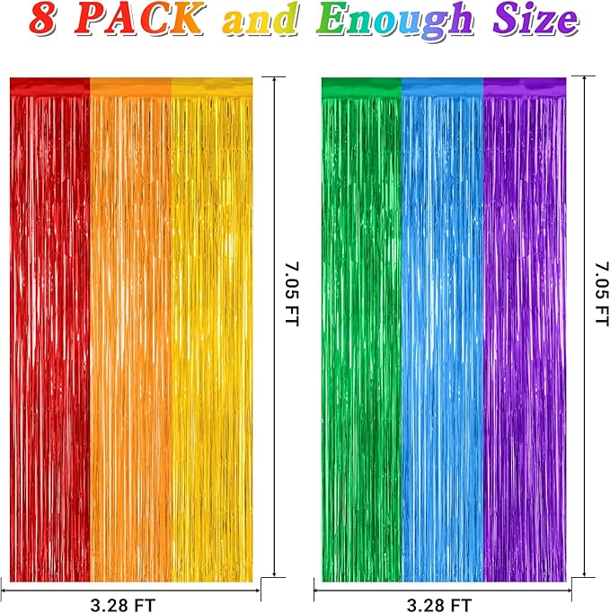 8 Pack Rainbow Backdrop, 3.28 FT x 7.05 FT Backdrop Curtains, Metallic Fringe - Image 2