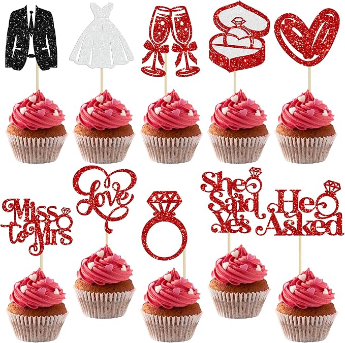 Gyufise 30Pcs She Said Yes Cupcake Toppers Glitter Diamond Ring I Do Love by Gyufise