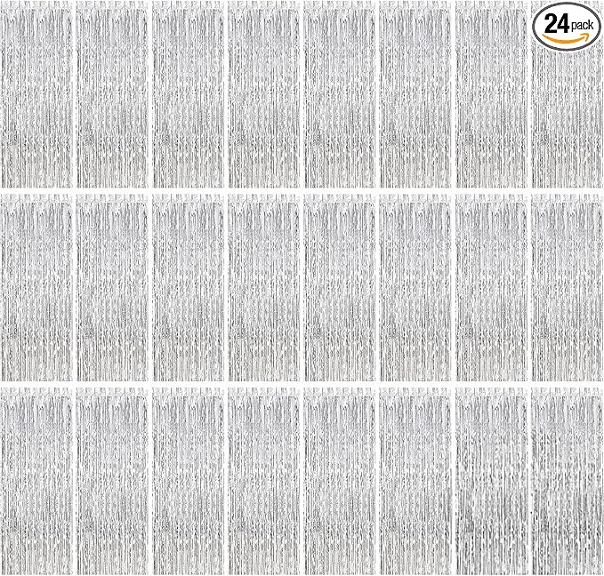 24 Pack Silver Metallic Foil Fringe Curtains, 3.2ft x 8.2ft Foil Fringe Curtain by kuchisity