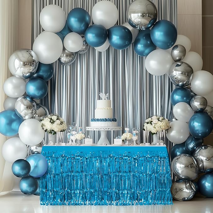 4 Pack Lake Blue Table Skirts, 29x108" Metallic Foil Tinsel Fringe Table Skirts - Image 2