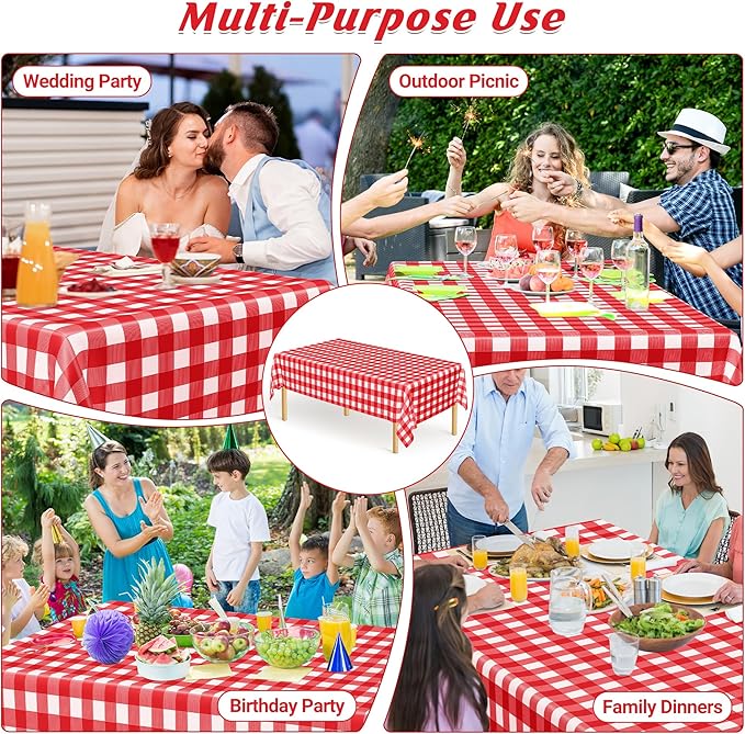 4Pack Plastic Table Cloth Ddisposable, Waterproof Red and White Checkered - Image 4