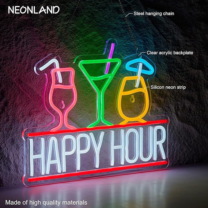 Happy Hour Neon Sign for Wall Decor Beer Bar Signs, USB Powered Dimmable LED - Image 2
