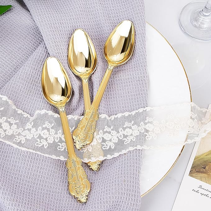 WDF 100 Piece Gold Plastic Spoons Disposable - Image 8