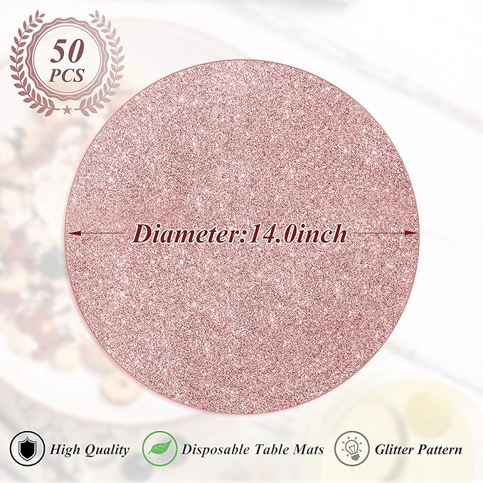 50 Pieces Rose Gold Glitter Paper Place Mats Sparkle 14'' Round Disposable - Image 2