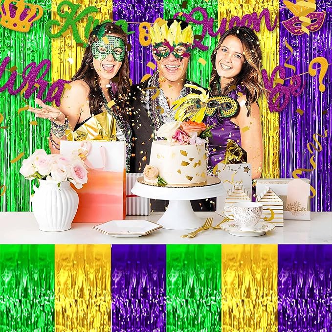 3 Pack 29 x108 Inch Gold Green Purple Foil Fringe Table Skirts Metallic Banner - Image 5