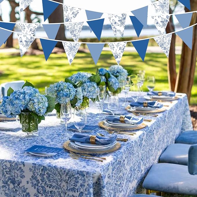 32Ft Blue Floral Party Decorations Vintage Blue White Flower Pennant Banner - Image 5