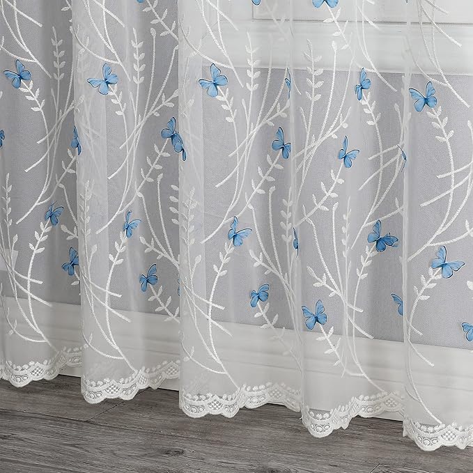 VISIONTEX White Sheer Voile Curtains, Decorative White Embossed Butterflies Rod - Image 3