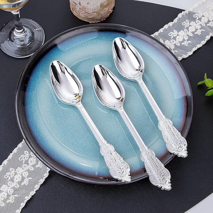 WDF 100 Piece Silver Plastic Spoons Disposable - Image 2