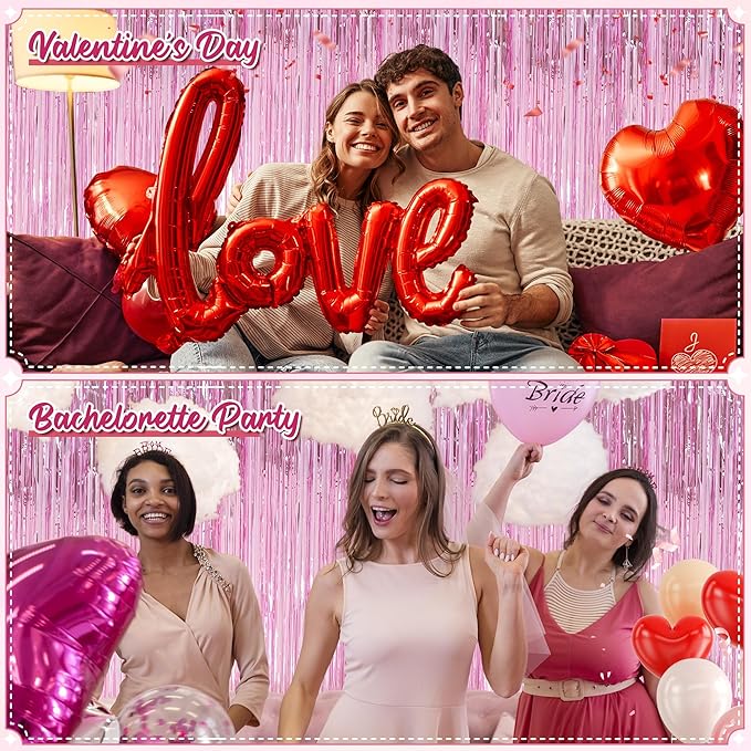 Crosize 2 Pack 3.3 x 9.9 ft Pink Foil Fringe Backdrop Curtain, Streamer - Image 4