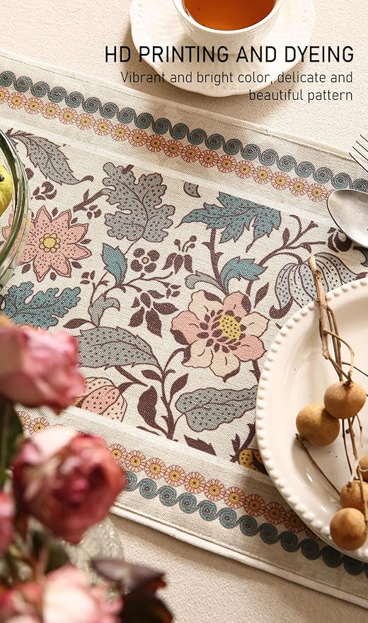 ISAENNE Designer Bohemian Linen Table Runner 87 Inches Long, Elegant Lotus - Image 4