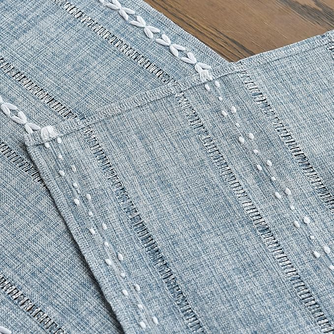 Artoid Mode Dusty Blue Cotton Linen Table Runner, Seasonal Rustic Embroidered - Image 5