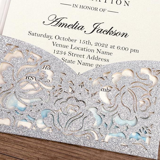 DORIS HOME 50pcs Laser Cut Quinceanera Invitations Silver Glitter, 4.7x7.1 - Image 6