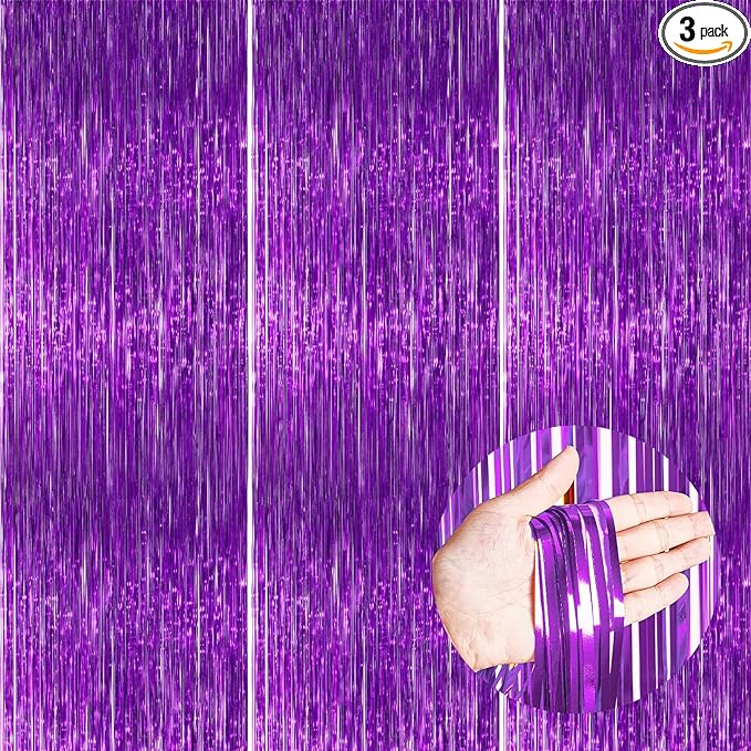 PartyWoo Purple Streamers Foil Fringe Curtain 3pcs 8.2ft Metallic Tinsel by PartyWoo
