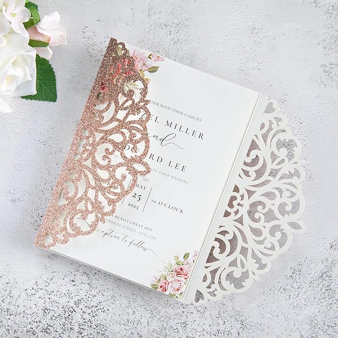 20Pcs Rose Gold Glitter Laser Cut Invitation Cards - Image 3