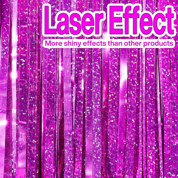 PartyWoo Foil Fringe Curtain Hot Pink, Fringe Backdrop, Tinsel Backdrop - Image 2