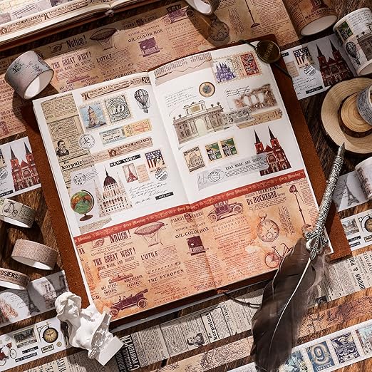 24 Rolls Vintage Washi Tape Set, Antique Car Buildings Map Stamp Stripe - Image 7