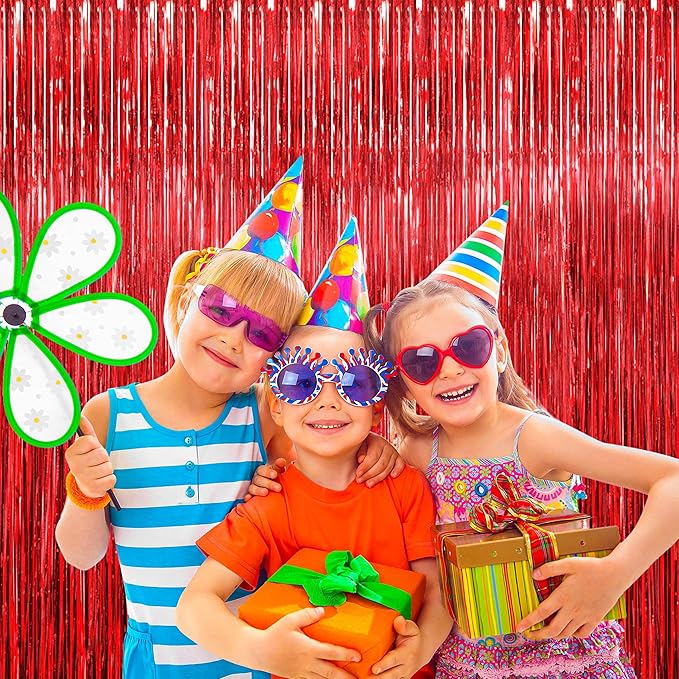 BTSD-home 10 Pack Red Foil Fringe Curtain, Metallic Photo Booth Backdrop Tinsel - Image 7