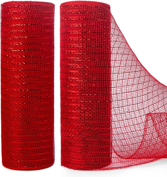 Ribbli 2 Rolls Red Mesh Ribbon, 10 inch x 30 feet Each Roll, Metallic Red by Ribbli