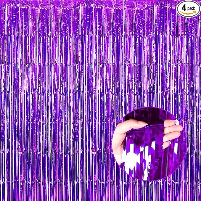 4 Pack Purple Foil Fringe Curtain Backdrop, 3.28Ft x 8.2Ft Metallic Tinsel Foil by Unknown