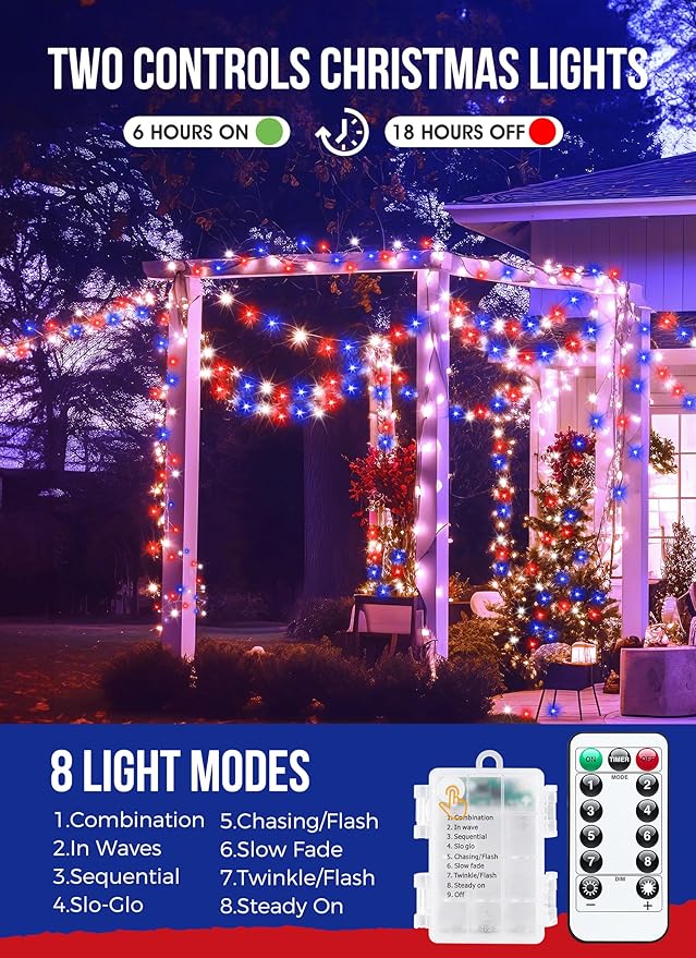 4th of July Decorations Red White and Blue Fairy Lights Battery Operated - Image 2