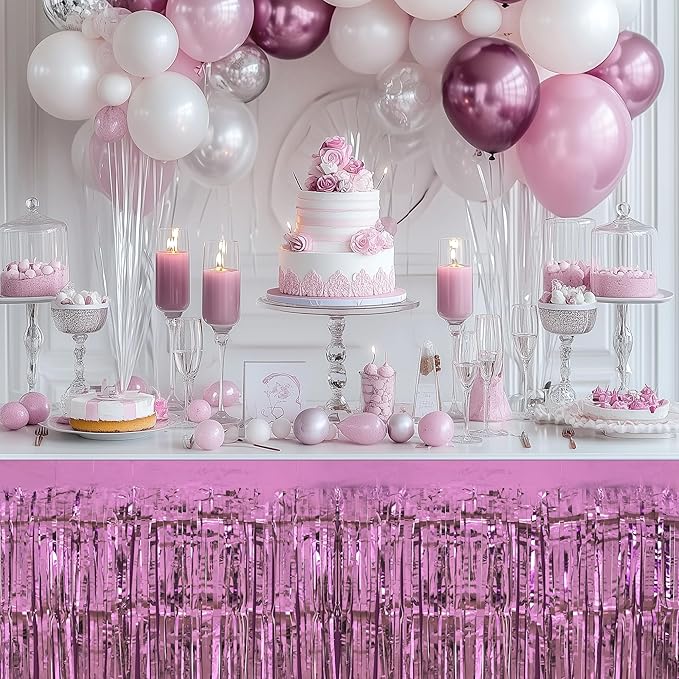 3 Pack Light Pink & Blue & Purple Table Skirts, 29x108" Metallic Foil Tinsel - Image 5