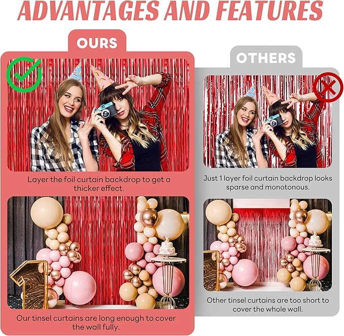 BTSD-home Red Foil Fringe Curtain, Metallic Photo Booth Backdrop Tinsel Door - Image 4