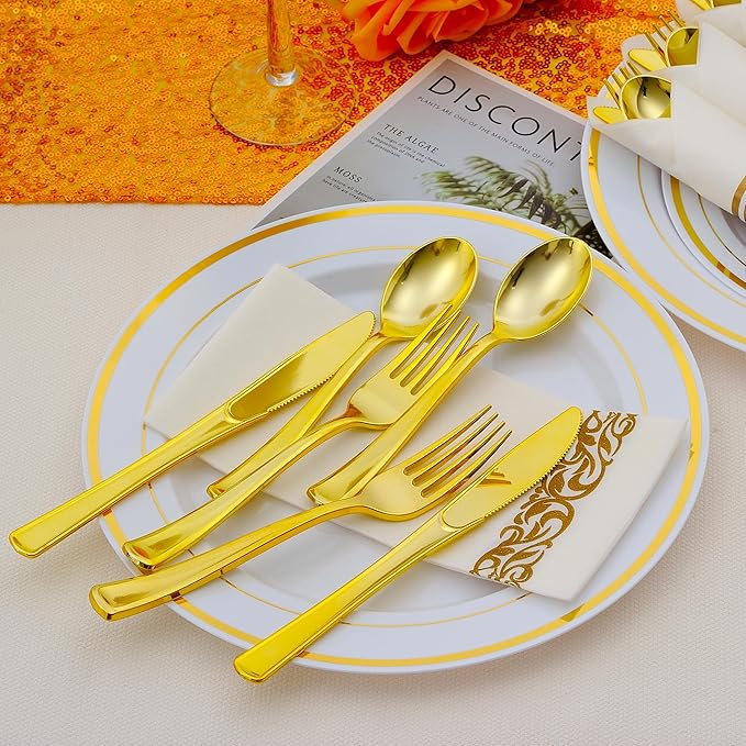 100 Pack Pre Rolled Gold Plastic Silverware Set - Image 6