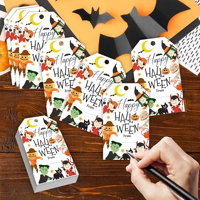 50 Pcs Halloween Tags with String, 2.1"×3.5" Pumpkin Paper Gifts Tags, Ghost - Image 3