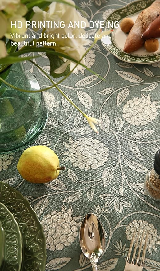 ISAENNE Designer Grayish Green Linen Round Tablecloth, Floral Elegant Stain - Image 4
