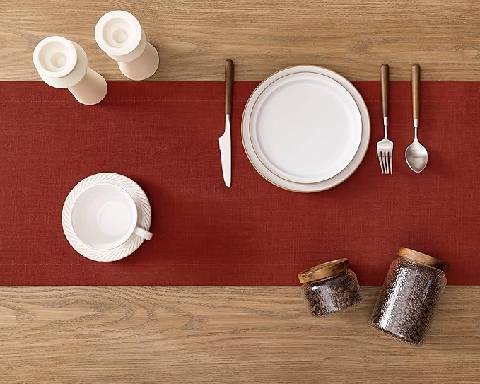 ZeeMart Linen Textured Border Table Runner, 14 x 90 Inch Orange, Farmhouse - Image 4