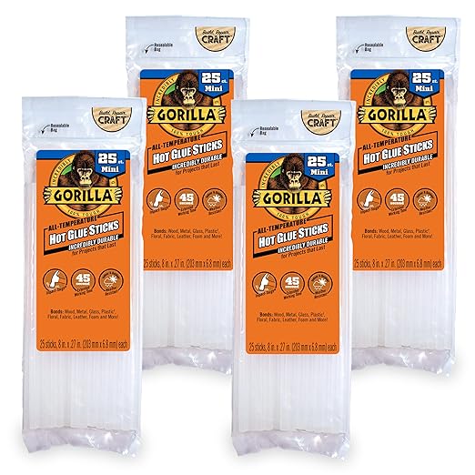 Gorilla Hot Glue Sticks, Mini Size 8" Long x 0.27" Diameter by Gorilla