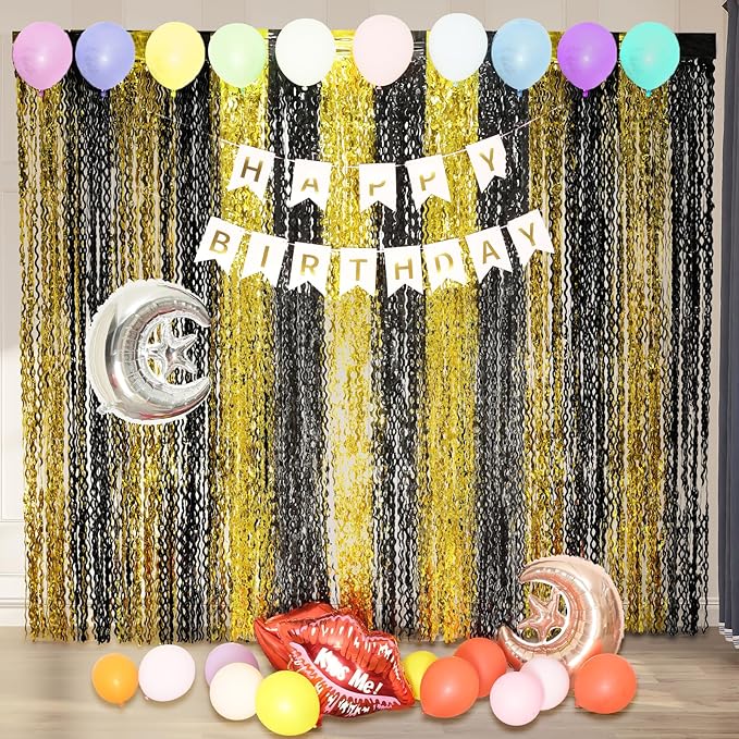 4 Pack Black and Gold Wavy Foil Fringe Curtains Pirthday Decorations, 3.3 ft x - Image 4