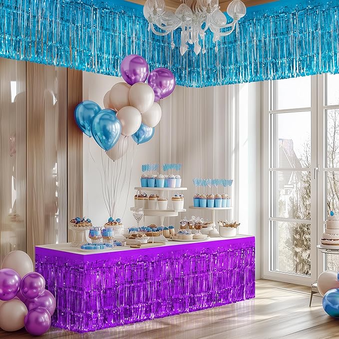 2 Pack Lake Blue Dark Purple Table Skirts, 29x108" Metallic Foil Tinsel Fringe - Image 7
