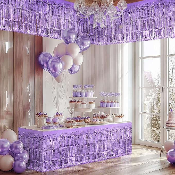 4 Pack Light Purple Table Skirts, 29x108" Metallic Foil Tinsel Fringe Table - Image 7