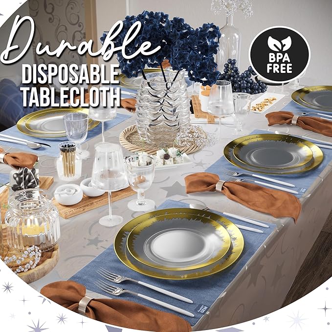 Exquisite Clear Silver Star Tablecloth Plastic 12-Pack Disposable Rectangle - Image 4
