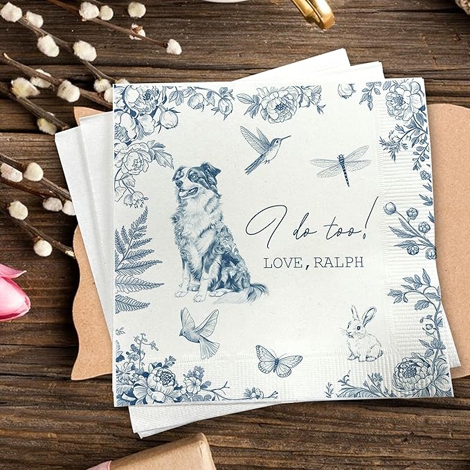 Luxury Personalized Dog Wedding Napkins, Custom Wedding Cocktail Napkins by GiantBigHands
