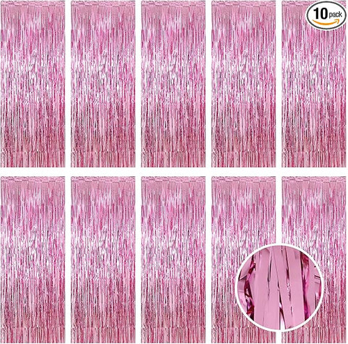 10 Pack Pink Foil Curtain Backdrop 3.2ft x 9.8ft Metallic Tinsel Foil Fringe by Ohiyoo