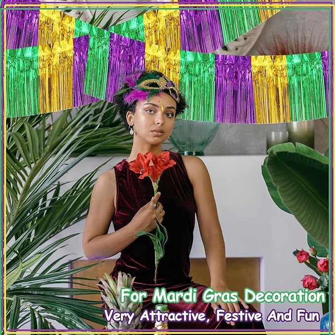 4 Pack 10 Feet Green Gold Purple Foil Fringe Garland Metallic Tinsel Streamers - Image 2
