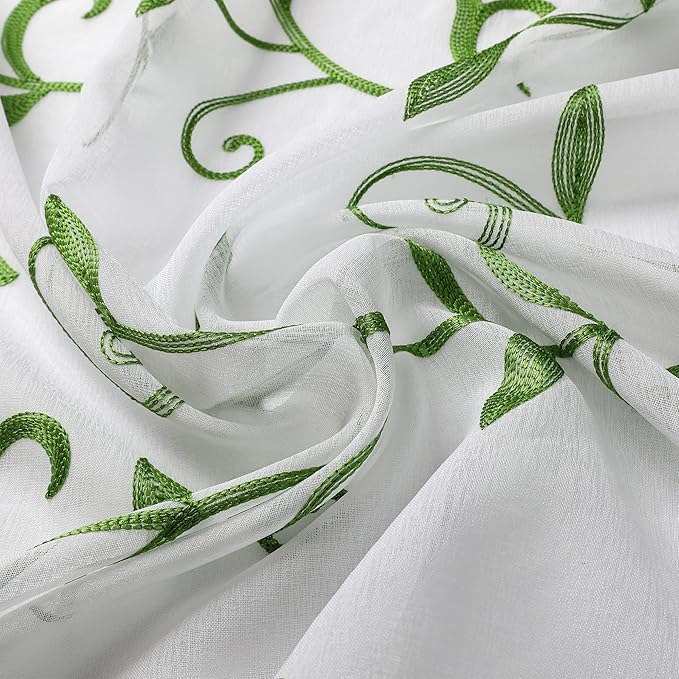 VISIONTEX Embroidered Green Sheer Voile Curtains, Leaves Embroidery Faux Linen - Image 7