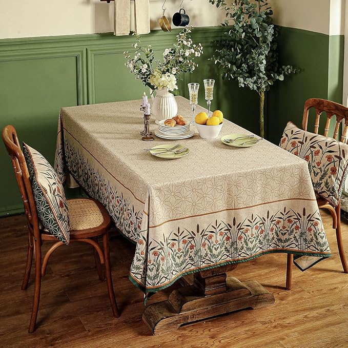 patdrea Designer French Light Brown Long Rectangle Table Cloth, Linen Floral - Image 7
