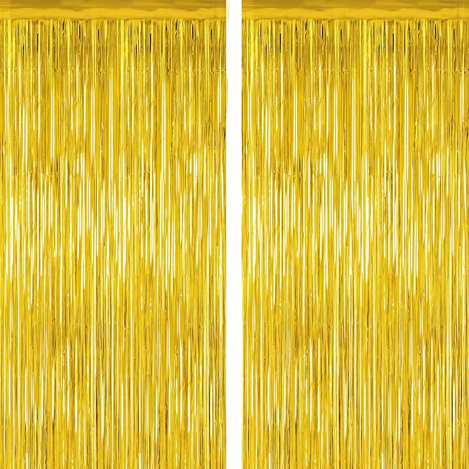 2 Pack Gold Tinsel Backdrop, 3.28 FT x 7.05 FT Metallic Fringe Curtain by ZATAYE