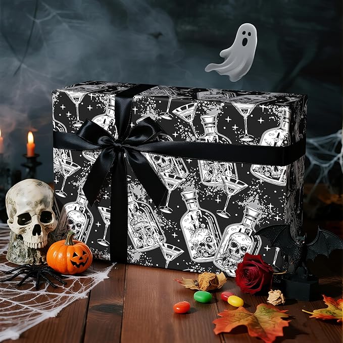 LeZakaa Halloween Wrapping Paper Roll, Gothic Skull-in-Bottle and Eye Cocktail - Image 2