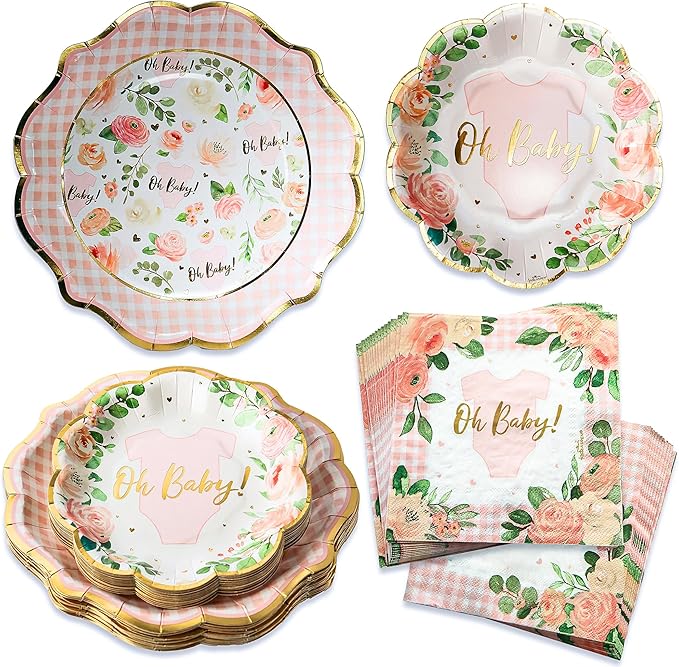 Kate Aspen Baby Shower Onesie Pink Floral & Gingham Tableware Set by KateAspen