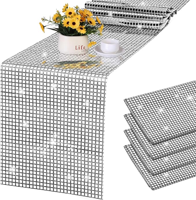 Durony 4 Pack Disco Party Table Runners, 11 x 108 Inch Silver Glitter Foil by durony