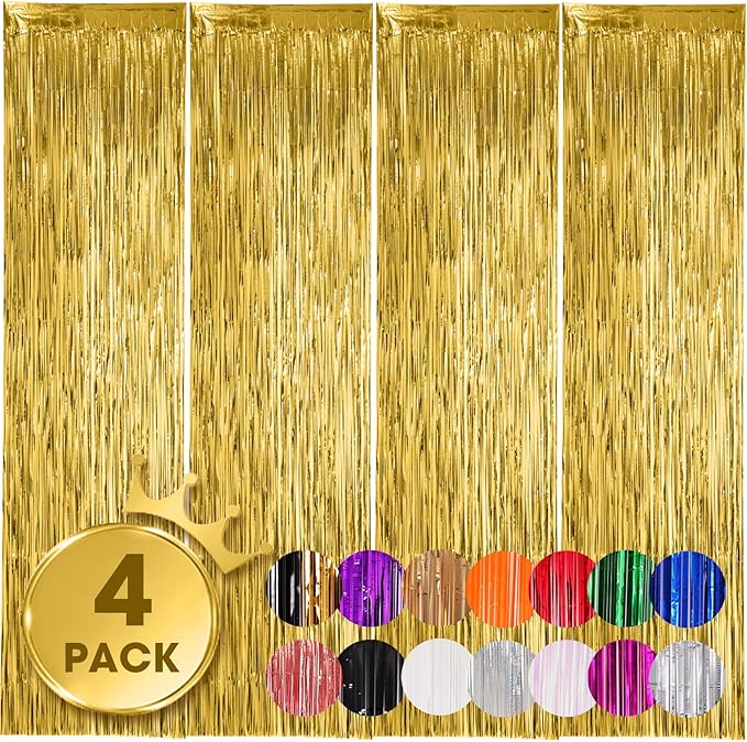 4 Pack Gold Foil Fringe Backdrop Curtains, Tinsel Streamers Birthday Party by Voircoloria