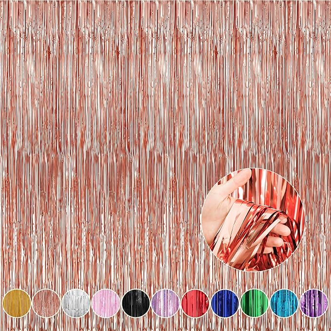 Crosize 4 Pack 3.3 x 9.9 ft Rose Gold Foil Fringe Backdrop Curtain, Streamer by Crosize