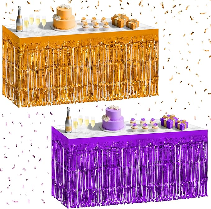 2 Pack Dark Purple Orange Table Skirts, 29x108" Metallic Foil Tinsel Fringe by Unknown