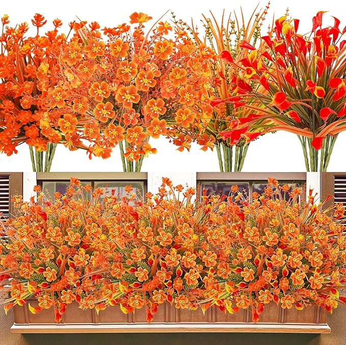 16Pcs Outdoor Fall Flowers UV Resistant Artificial Fall Flowers Autumn Plastic by Ruidazon