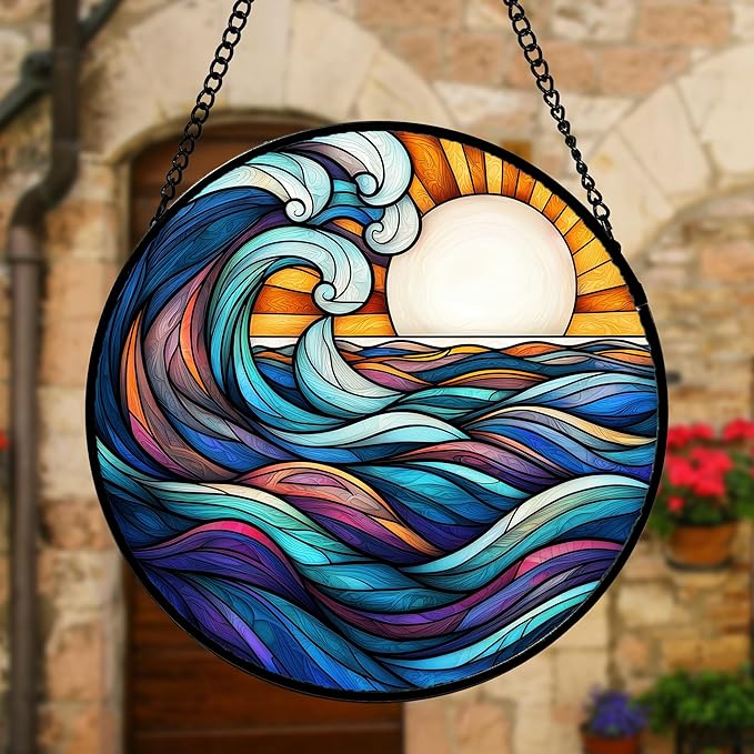 Stained Glass Window Hanging, Big Wave Sun Suncatcher Diamond Glass Panel - Image 5